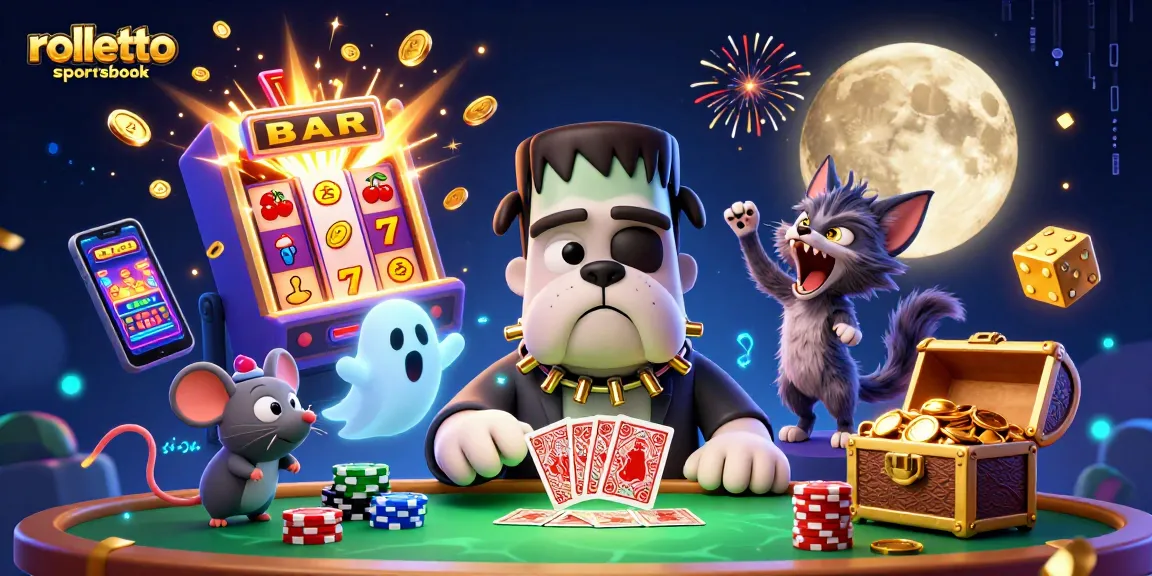 Pariez sur le rolletto sportsbook avec un bulldog Frankenstein qui distribue des cartes et une ambiance dynamique.
