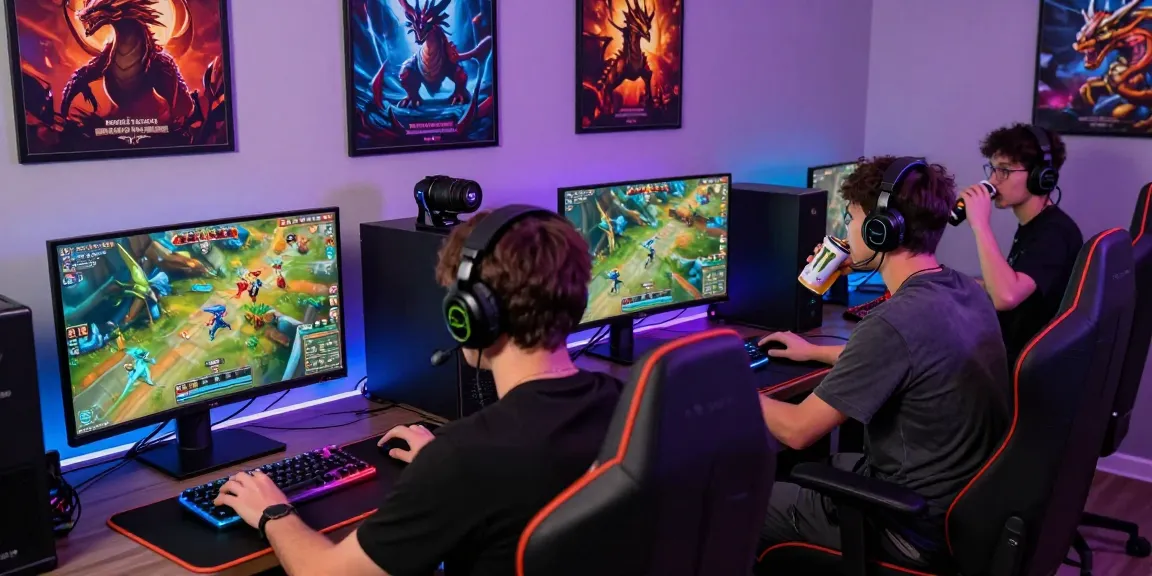 Nagahitam303 Login scene with gamers enjoying dragon-hunting on vibrant monitors, surrounded by gaming gear and exciting atmosphere.