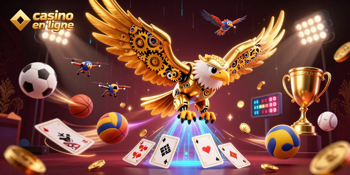 Plongez dans l'univers du casino en ligne avec un aigle doré et des éléments de jeu captivants.