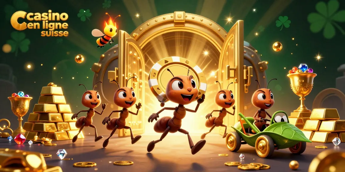 Illustration dynamique de casino en ligne suisse avec une équipe de fourmis transportant un jeton en or.