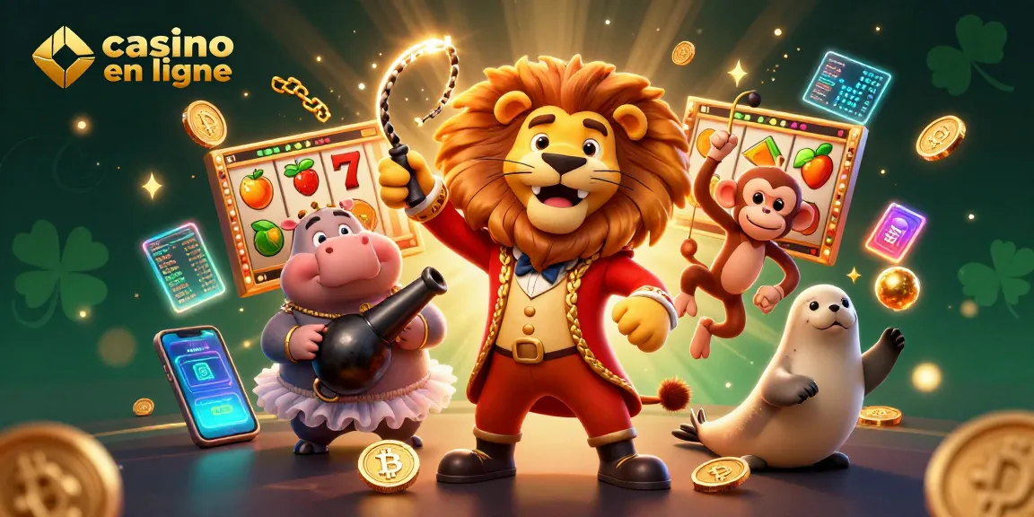Illustration représentant un casino en ligne avec des personnages colorés, des machines à sous et des éléments crypto.