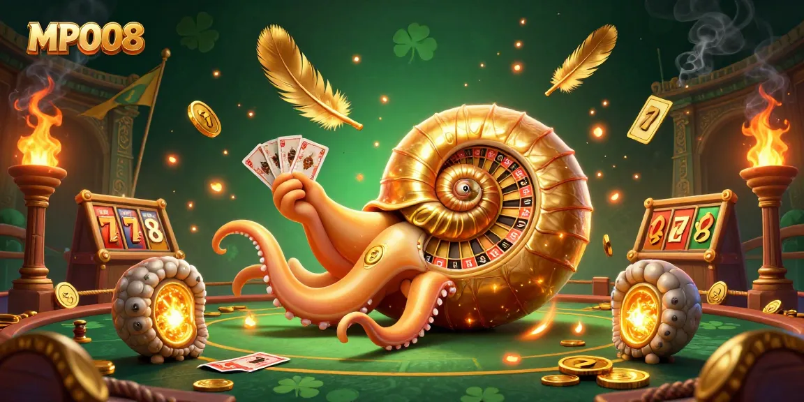 Experience thrilling slots at MPO08 with a 3D nautilus roulette wheel amidst golden coins.