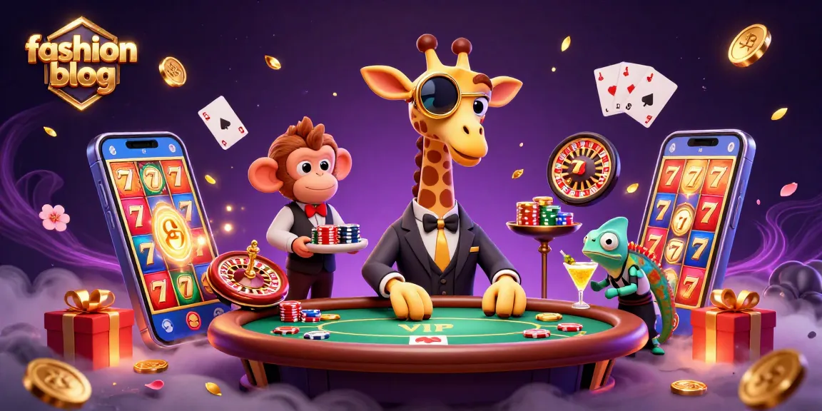 Exciting fashion blog casino scene with a giraffe at poker, mixing vibrant gaming elements.