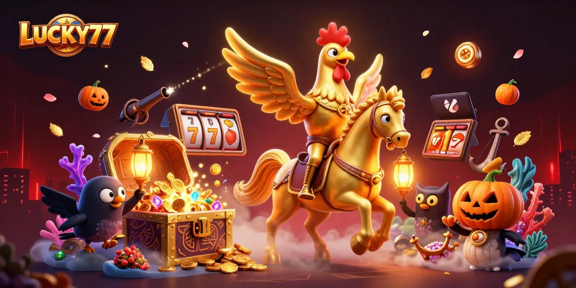 LUCKY77 showcases a vibrant 3D casino scene with animated characters playing slot games.