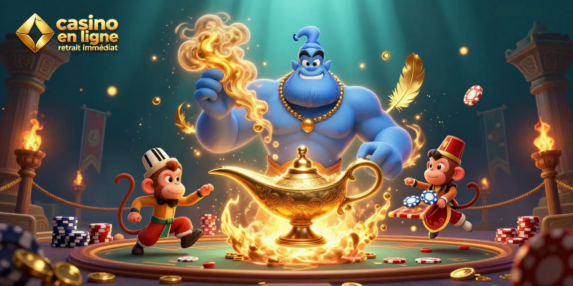 Illustration 3D représentant le casino en ligne retrait immédiat avec un génie, un singe et des éléments de jeu.