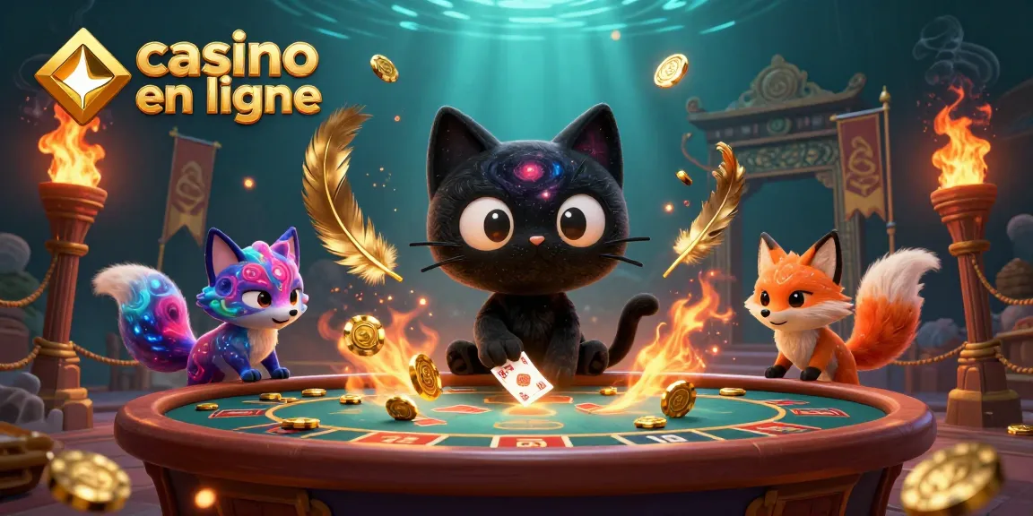Jouer au casino en ligne avec un chat noir de trou noir attirant des jetons d'or et des cartes dynamiques dans une scène cosmique