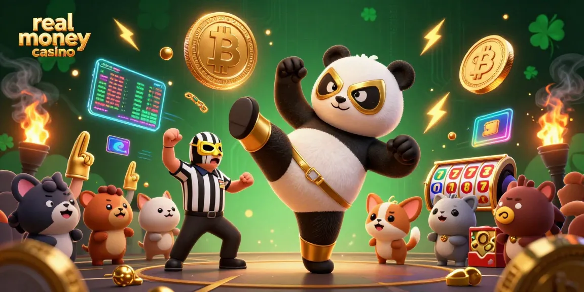 Experience the excitement of real money casino gaming with a panda wrestler and crypto-themed elements.