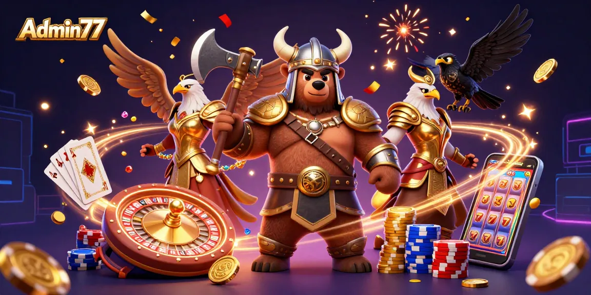 Admin77 showcases a Viking bear and Valkyrie eagle amidst casino excitement, winning big!
