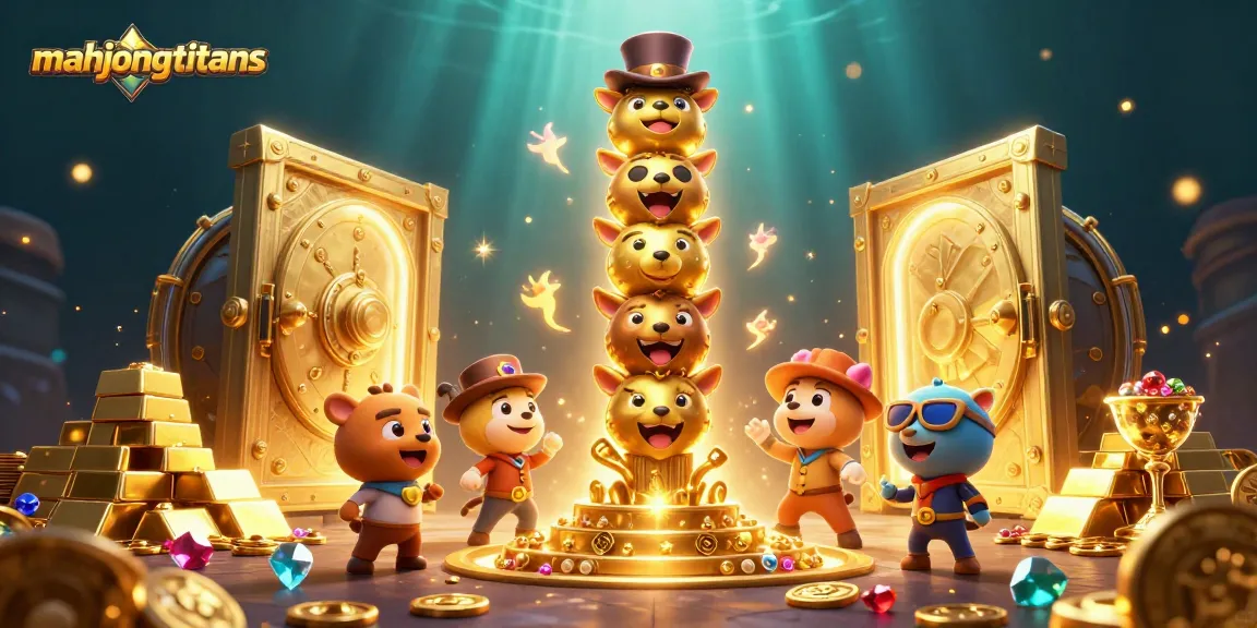 Engage in the vibrant world of mahjongtitans with a whimsical golden totem and treasure bursts.