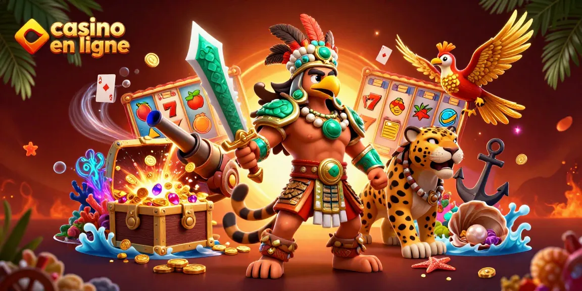 Découvrez un monde de casino en ligne avec un guerrier aztèque et un jaguar dans une scène riche en éléments de jeu.