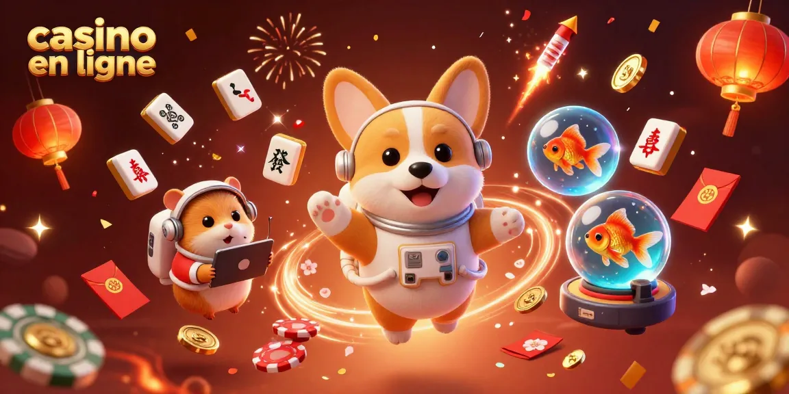Découvrez un corgi astronaute dans un casino en ligne, entouré de jetons et de pétales de cerisier.