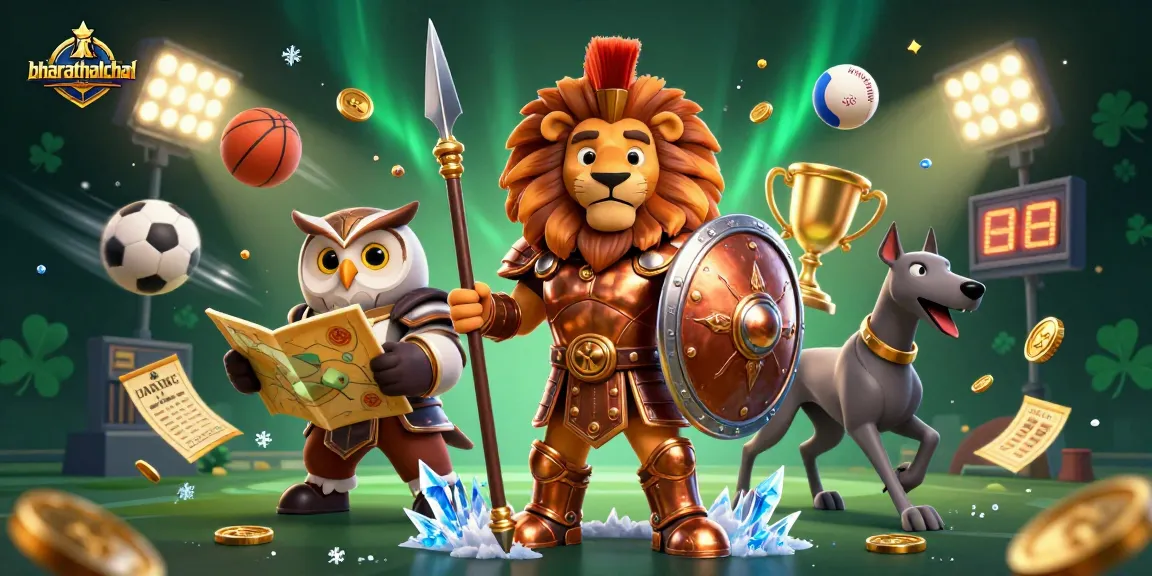Bharathalchal showcases an action-packed scene with a Spartan lion, a tactical owl, and a swift greyhound surrounded by dynamic sports elements.