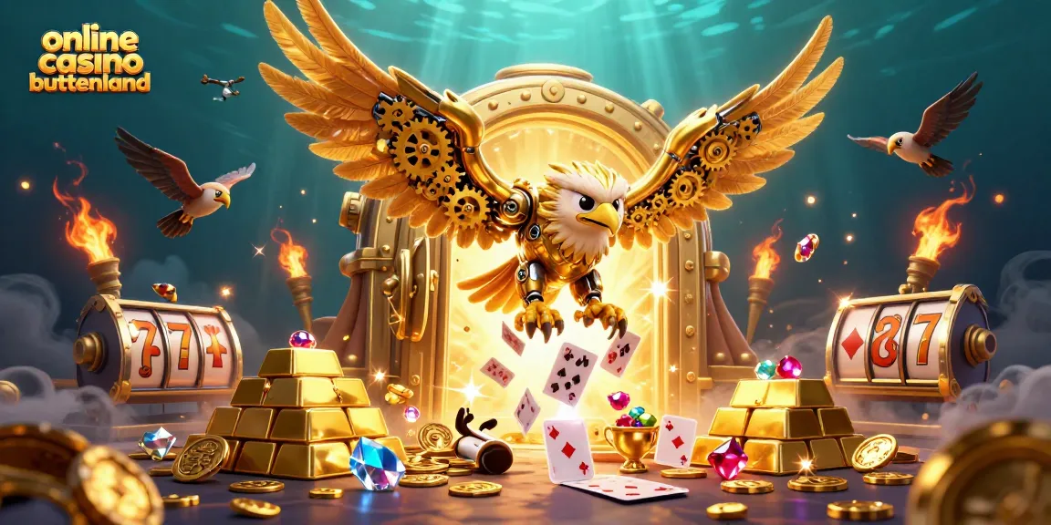 Immersive 3D illustration of a cybernetic eagle surrounded by gold, slots, and casino elements for online casino buitenland.