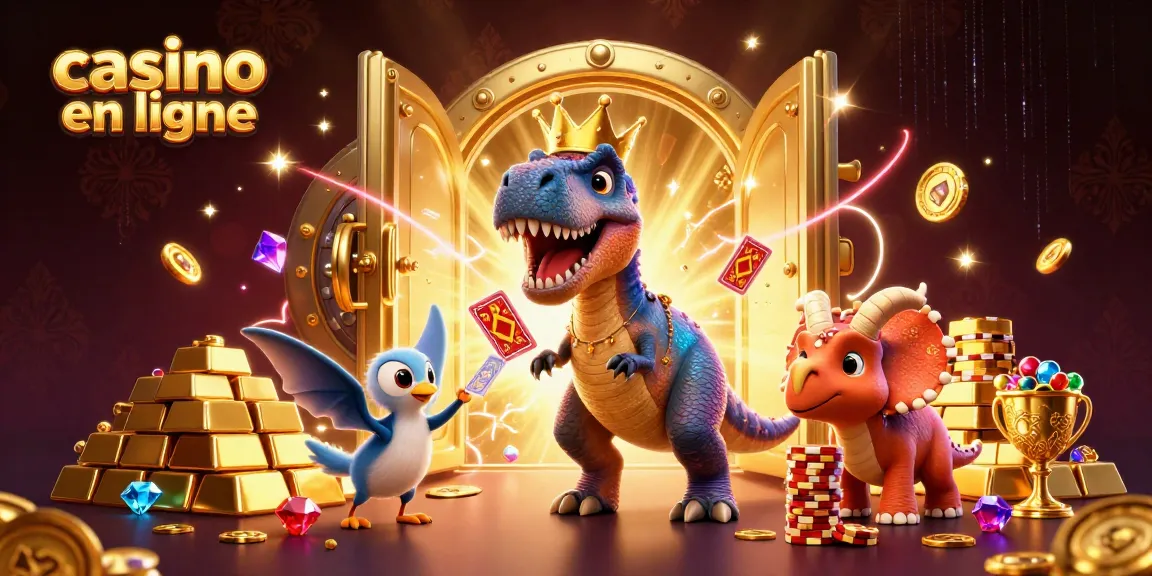 Appréciez le monde des casinos en ligne avec un T-Rex qui tente de jouer aux cartes, entouré de trésors.
