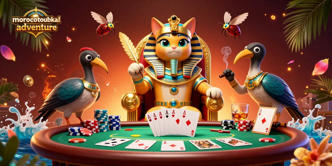 Engage with moroccotoubkaladventure's vibrant casino scene featuring an Egyptian pharaoh cat captivating players.