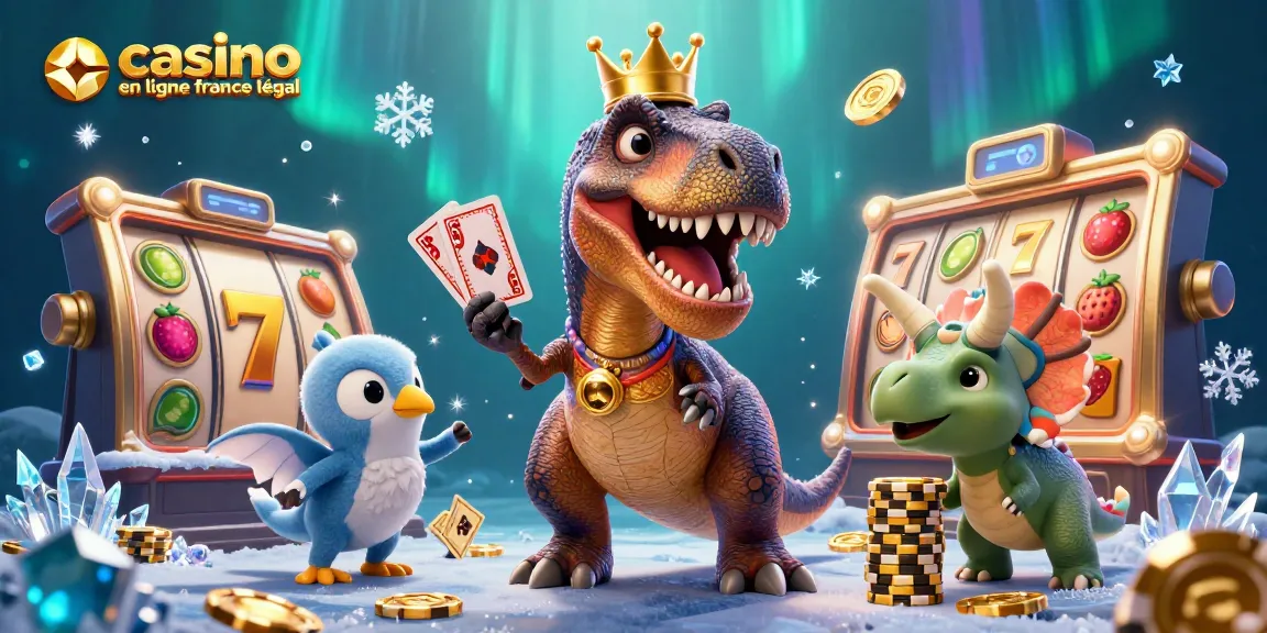 Visualiser un T-Rex joueur dans un casino en ligne France légal, manipulant des cartes et des jetons d'or.
