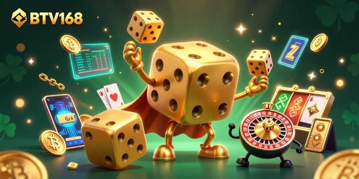 BTV168 showcases a vibrant casino scene with golden dice, Bitcoin coins, and colorful slot elements.