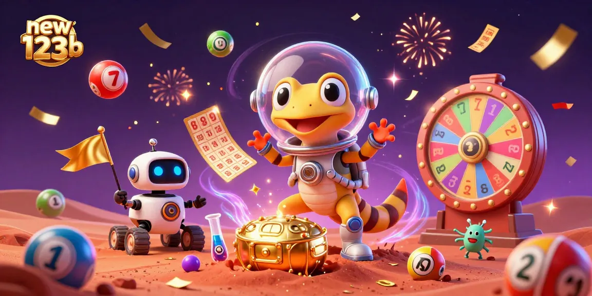 Engage with new123b's dynamic gaming experience featuring a Martian gecko and vibrant casino elements.