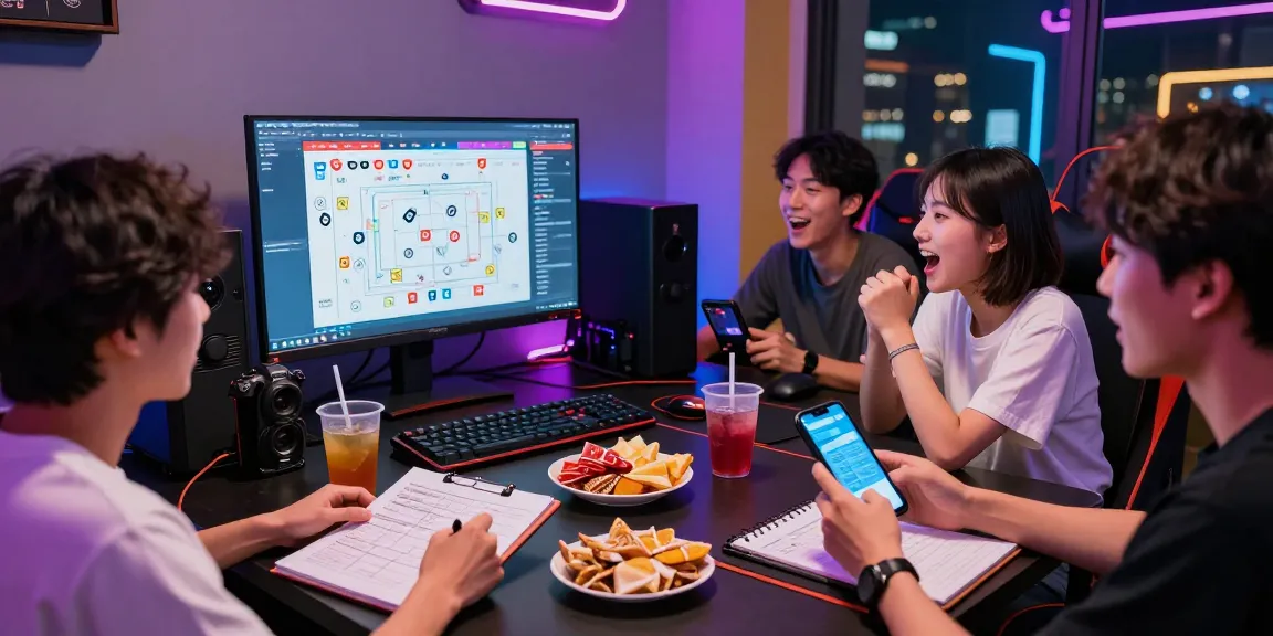 Friends enjoying a live draw for toto macau in a vibrant gaming room, displaying excitement and engagement.