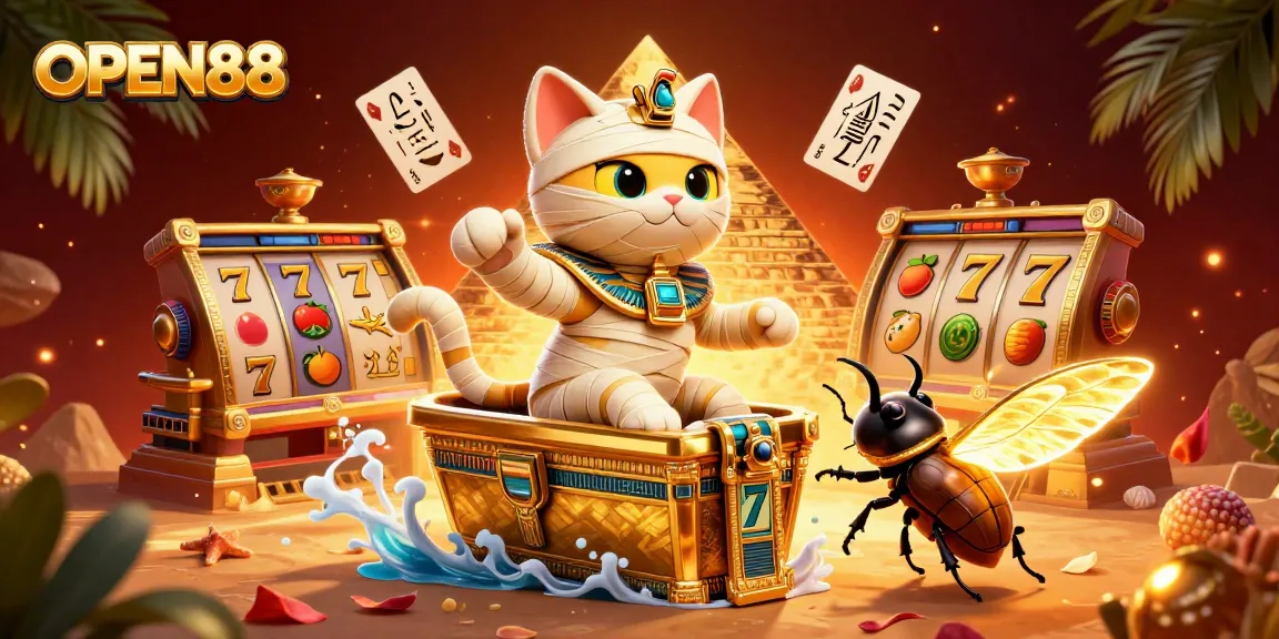 Experience the thrill of OPEN88's pyramid casino with a dynamic scene featuring a mummy cat and golden details.
