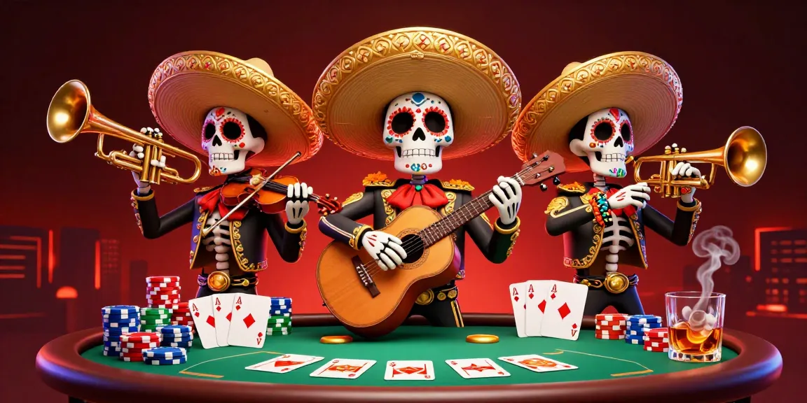 Illustration d'une bande mariachi squelettique jouant autour d'une table de poker pour "casino en ligne avec retrait immédiat".