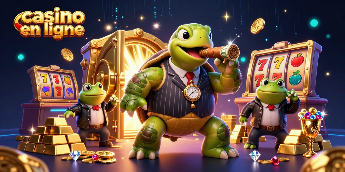 Illustration 3D d'un casino en ligne avec une tortue massive et des grenouilles de garde, entourée d'éléments de jeux et de trésors.