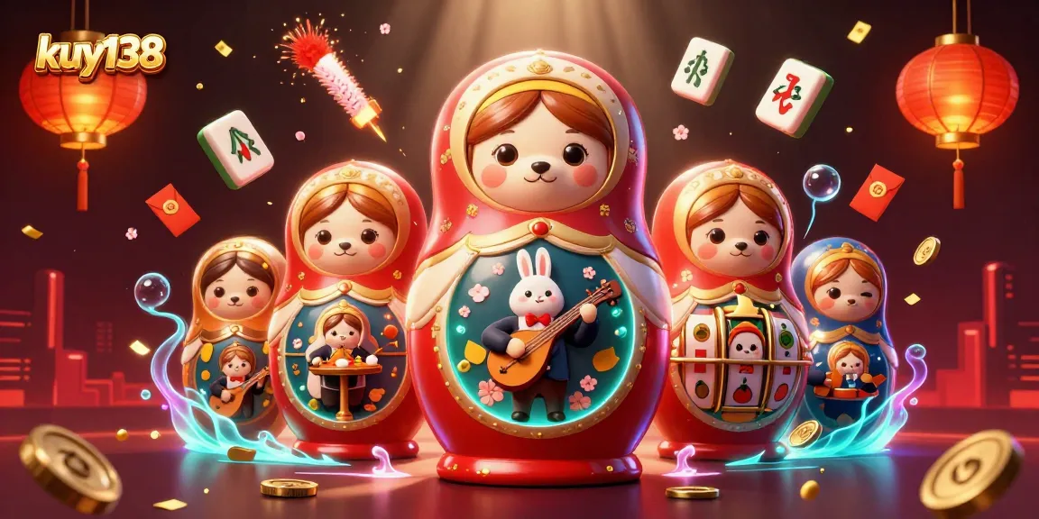 Mainkan kuy138 dengan keseruan, menampilkan beruang Matryoshka dan dealer kasino dalam ilustrasi yang dinamis