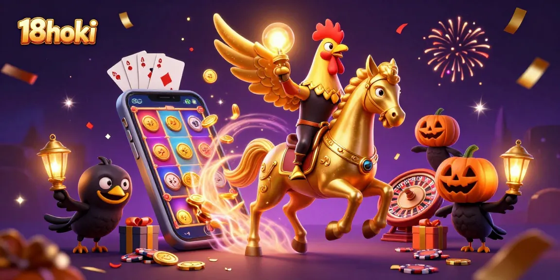 Experience thrilling wins with 18hoki in this vibrant casino illustration featuring dynamic gaming elements.