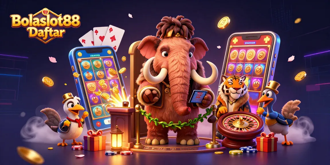 Bolaslot88 Daftar illuminates an exciting scene featuring a casino bouncer and VIP guests amidst slot games and golden coins.