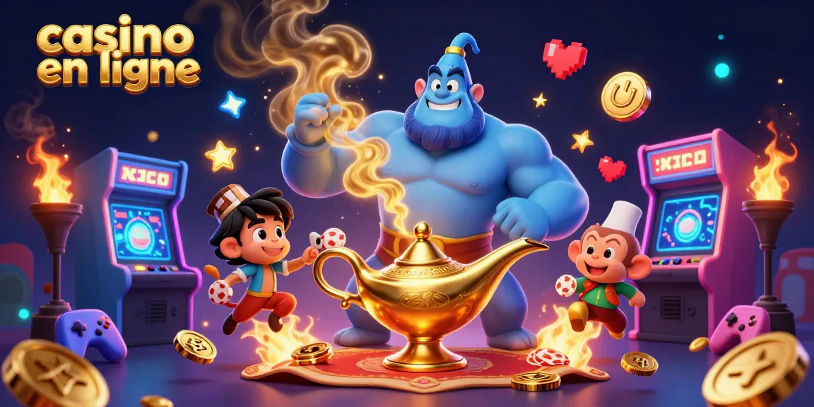 Casino en ligne, découvrez l'animation magique avec un génie, un singe et des jetons aux couleurs vives.