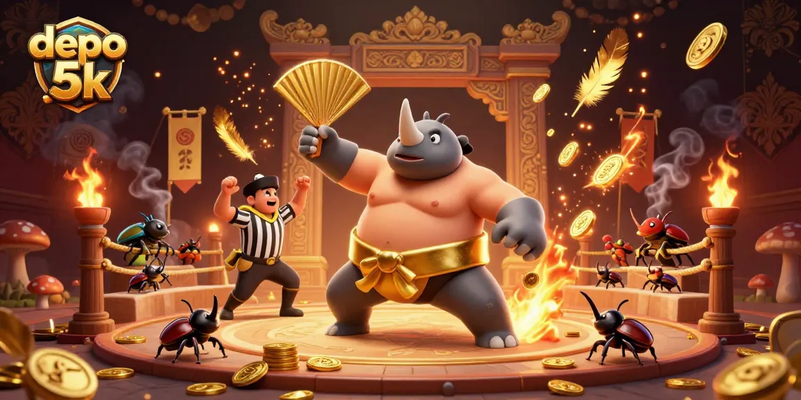 Permainan slot depo 5k memperlihatkan uang koin terbang saat pemenang menggigit keberuntungan.