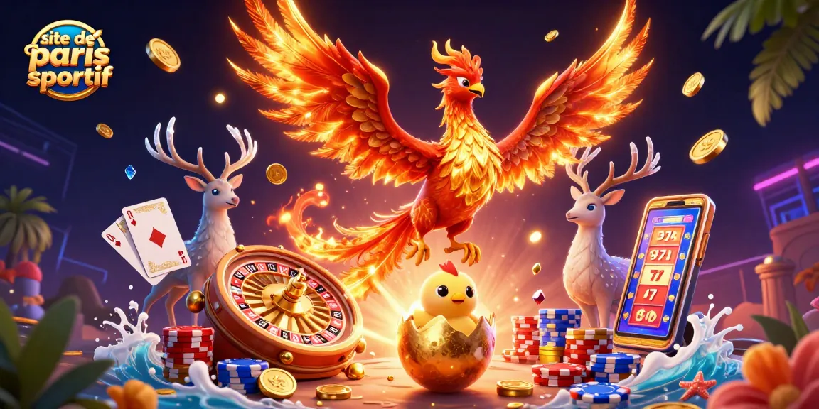 Découvrez le site de paris sportif avec un phoenix en feu, des pièces d'or, et un cerf mystique.