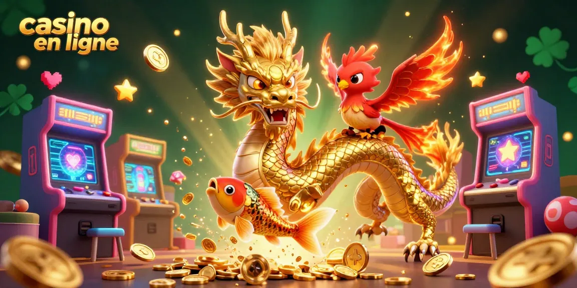 Illustration dynamique de casino en ligne avec dragon, phénix et poissons, immersion garantie.
